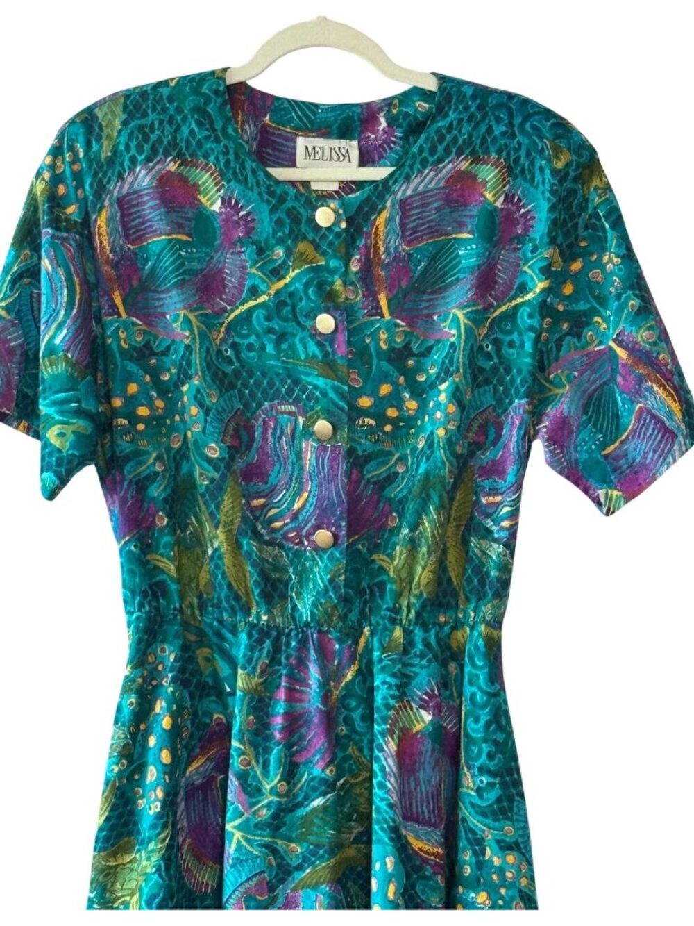 Vintage 80s Melissa Teal Abstract Tropical Print Midi Dress Pockets - Large - Picture 2 of 10